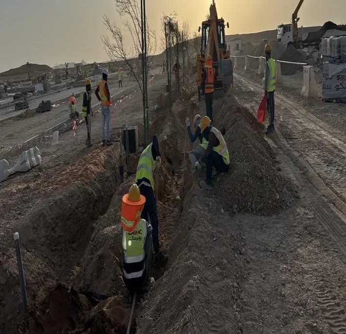 Backlit crew of about eight in hi-vis planting staked trees in a trench with JCB backhoe and crane behind, UNIMAC vest in foreground