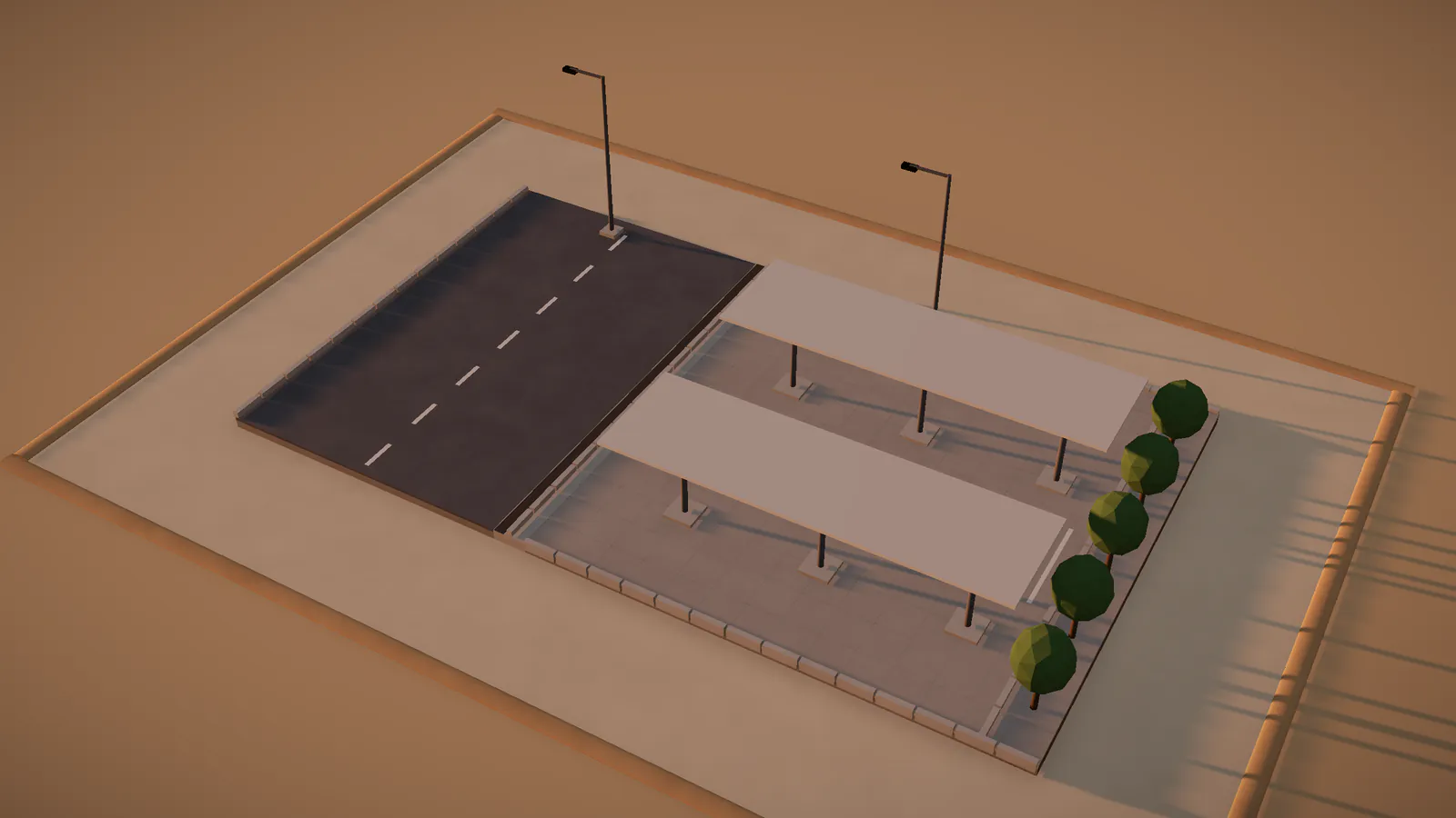 Illustrative render: the same pad built, with paving, canopies, lighting and trees