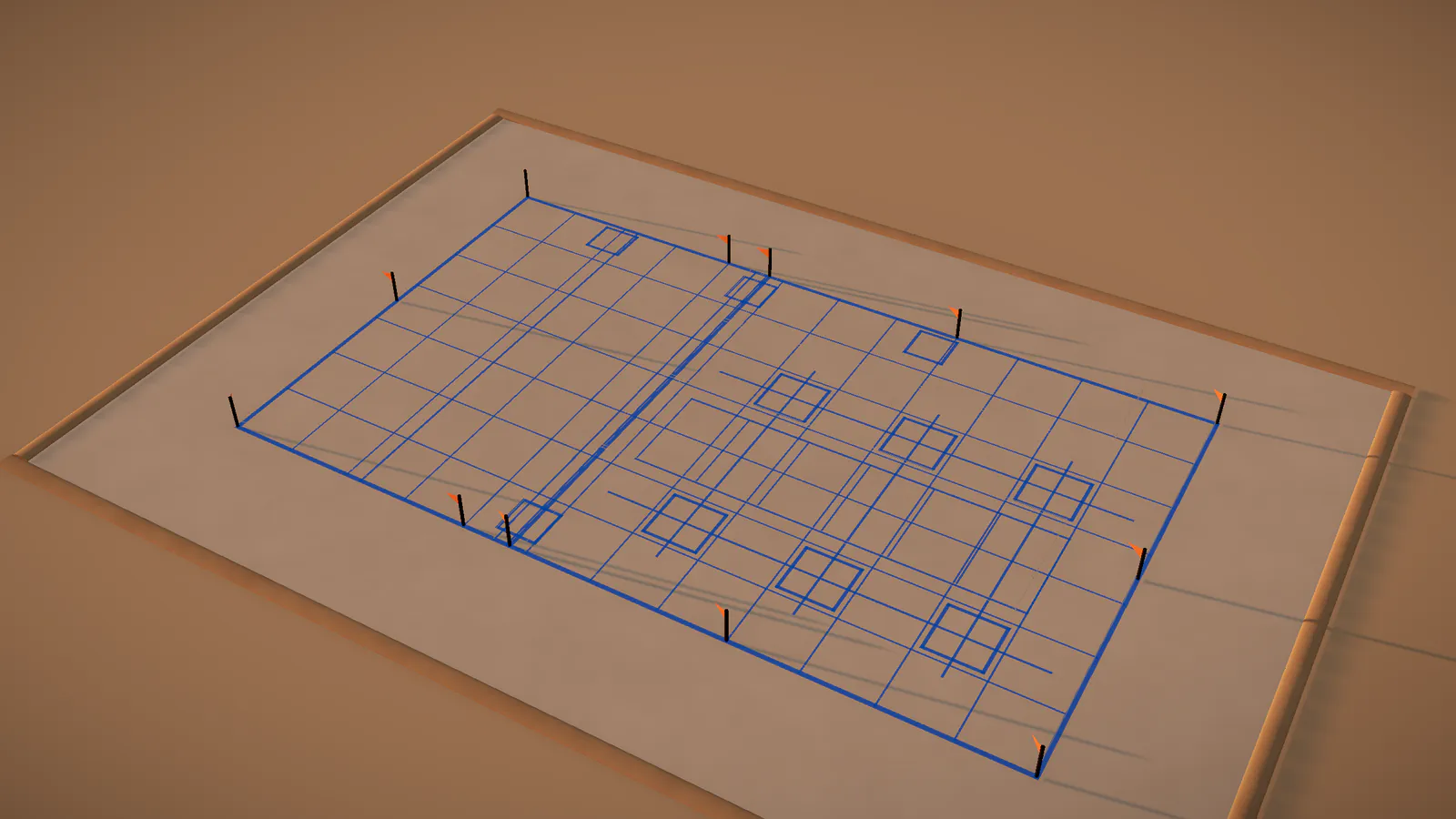 Illustrative render: the graded pad, set out with survey pegs and linework